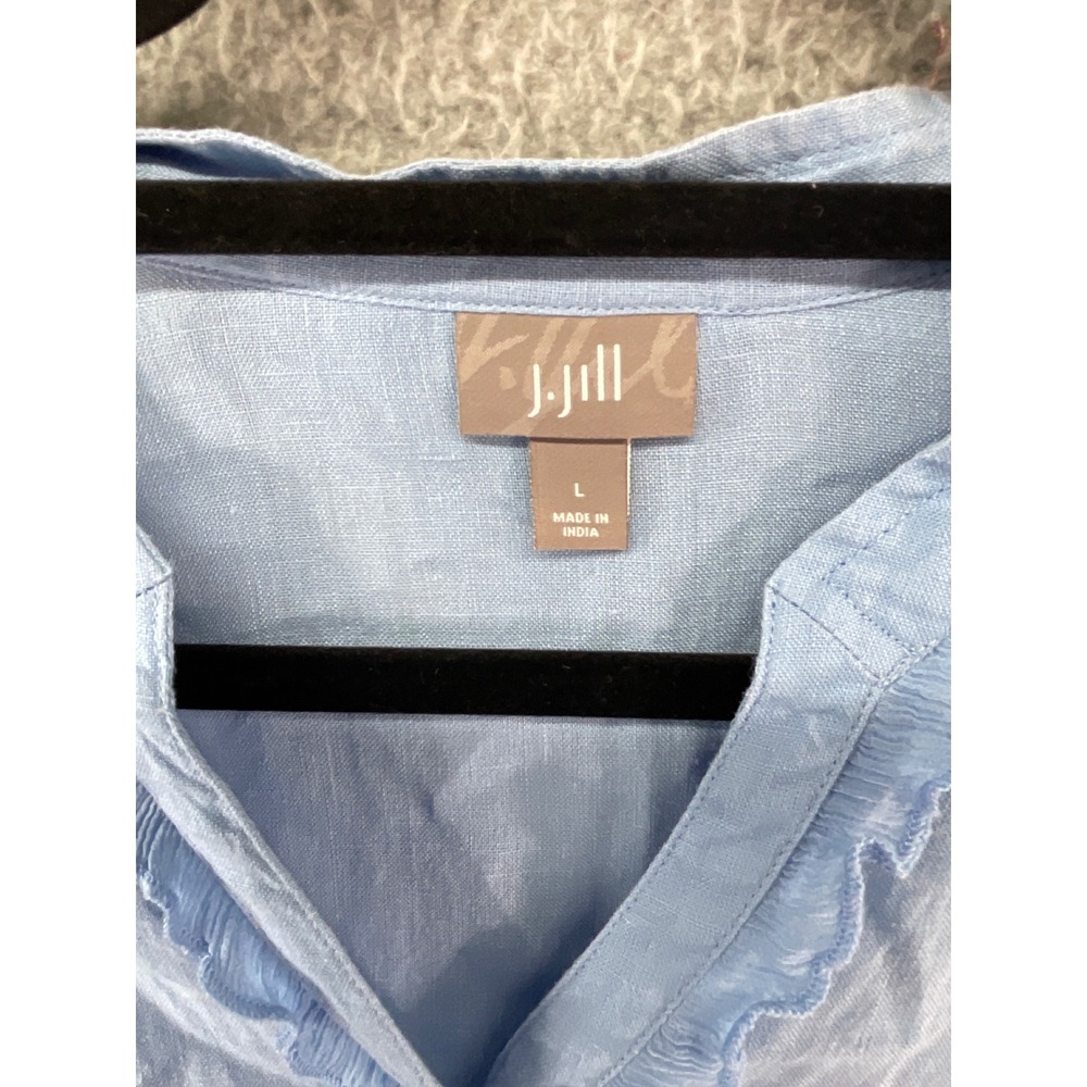 J. Jill Linen Ruffle Button Front Tunic Women Large Blue Long Sleeve Coastal - Picture 2 of 9